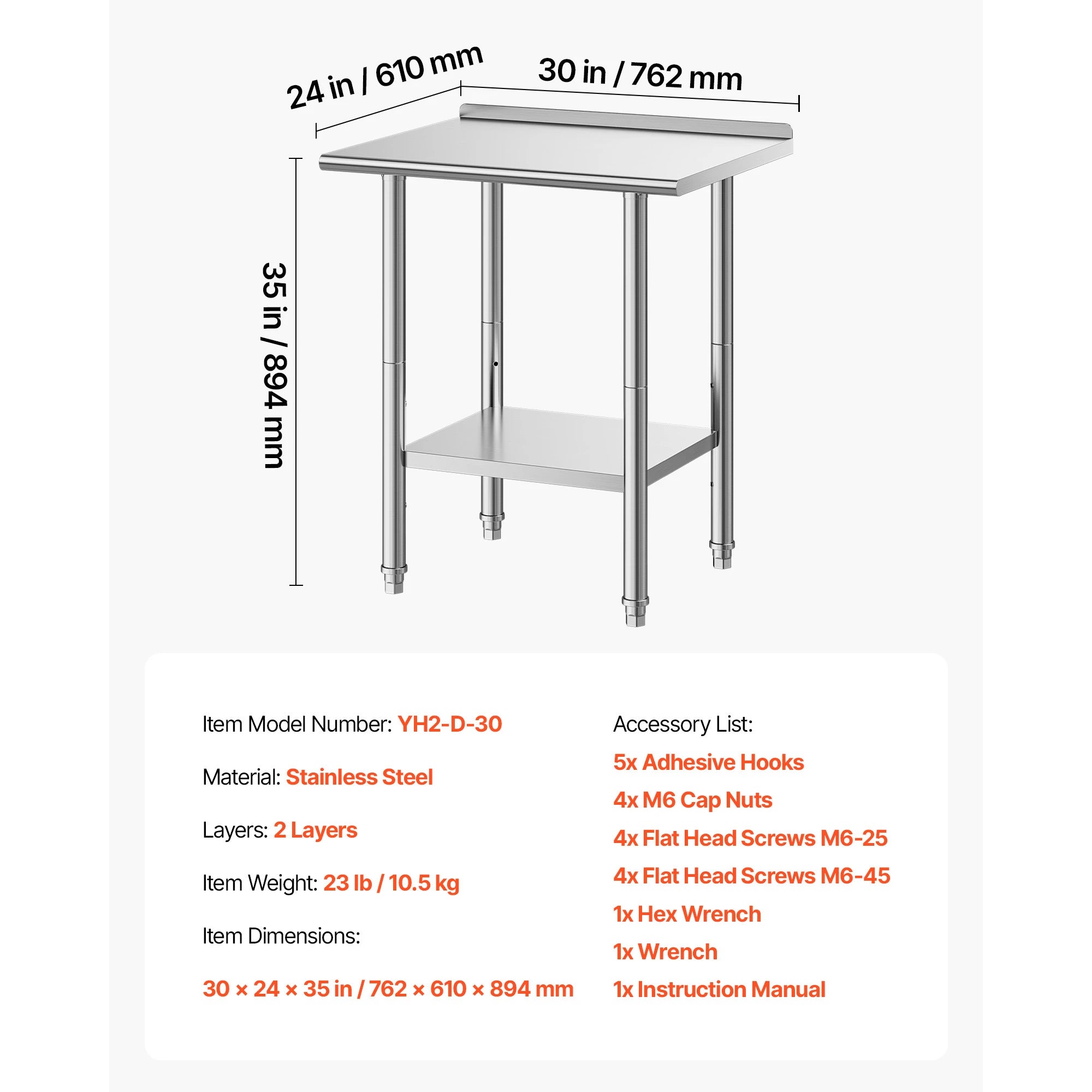 SucceBuy Stainless Steel Work Table with Backsplash Adjustable Undershelf Metal Utility Worktable for Restaurant Home Outdoor