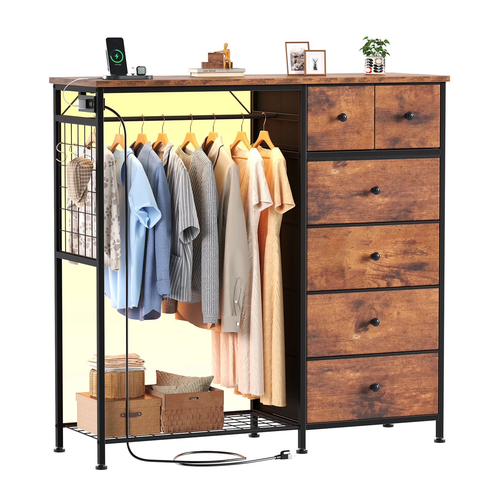 6-Drawer Fabric Dresser with Hanging Rack, LED Lights & Charging Station