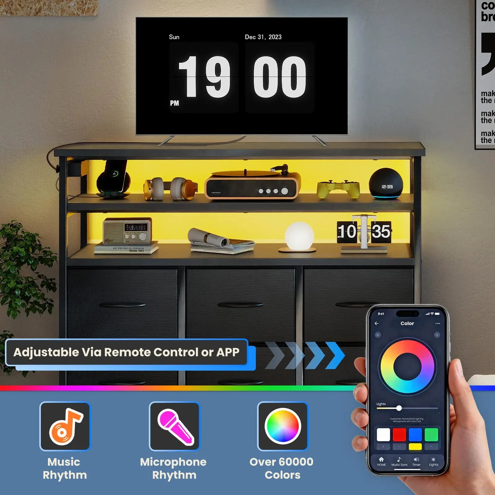 TV stolek se 6 zásuvkami, nabíjecí stanicí a LED osvětlením pro televize až do 45"