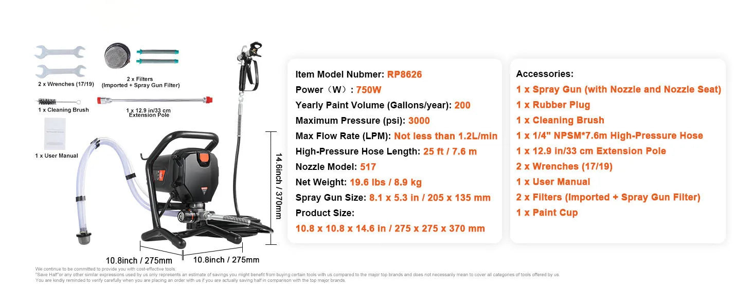 750W/950W Airless Paint Sprayer 3000 PSI High Pressure System