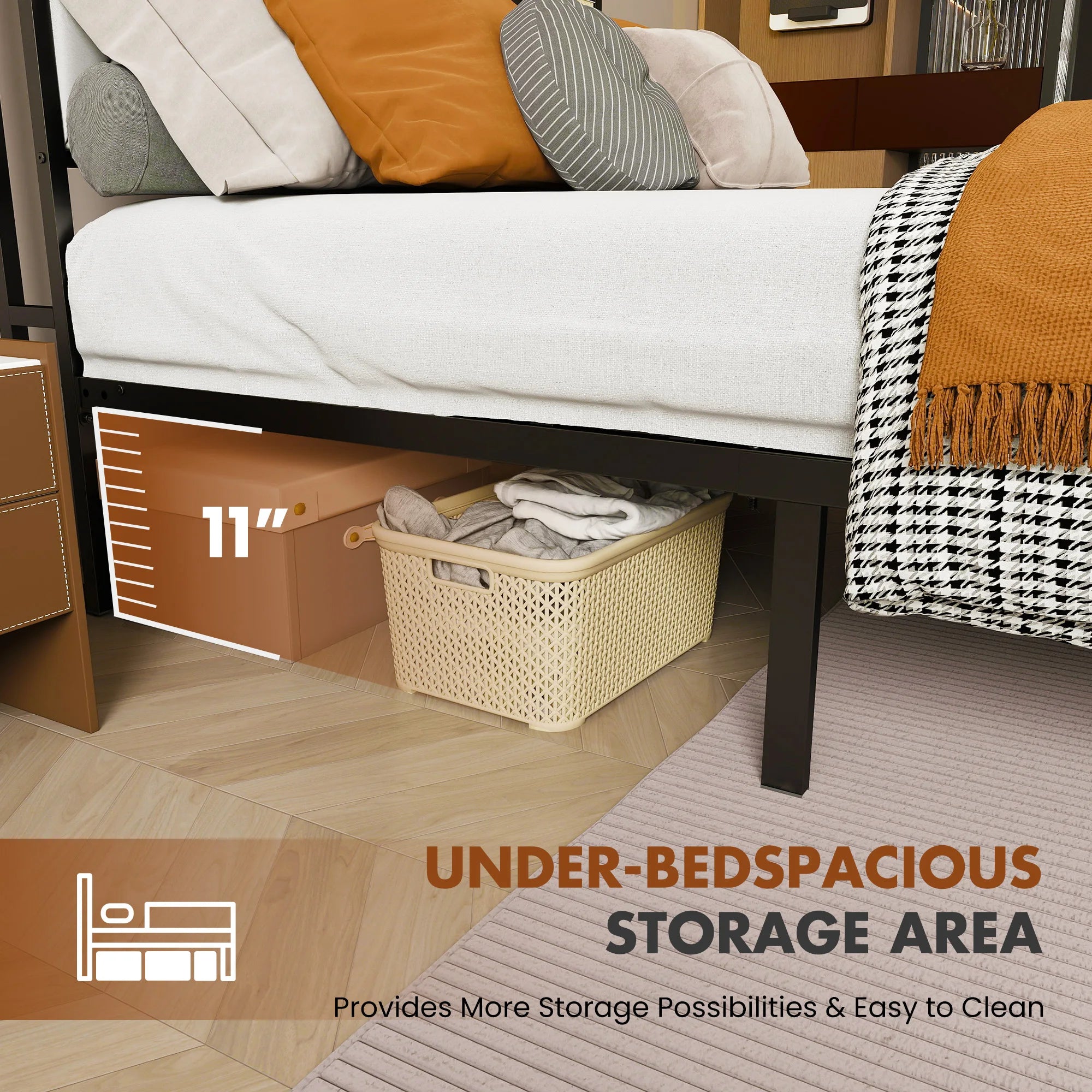 King Size Metal Bed Frame with Storage & Charging Headboard