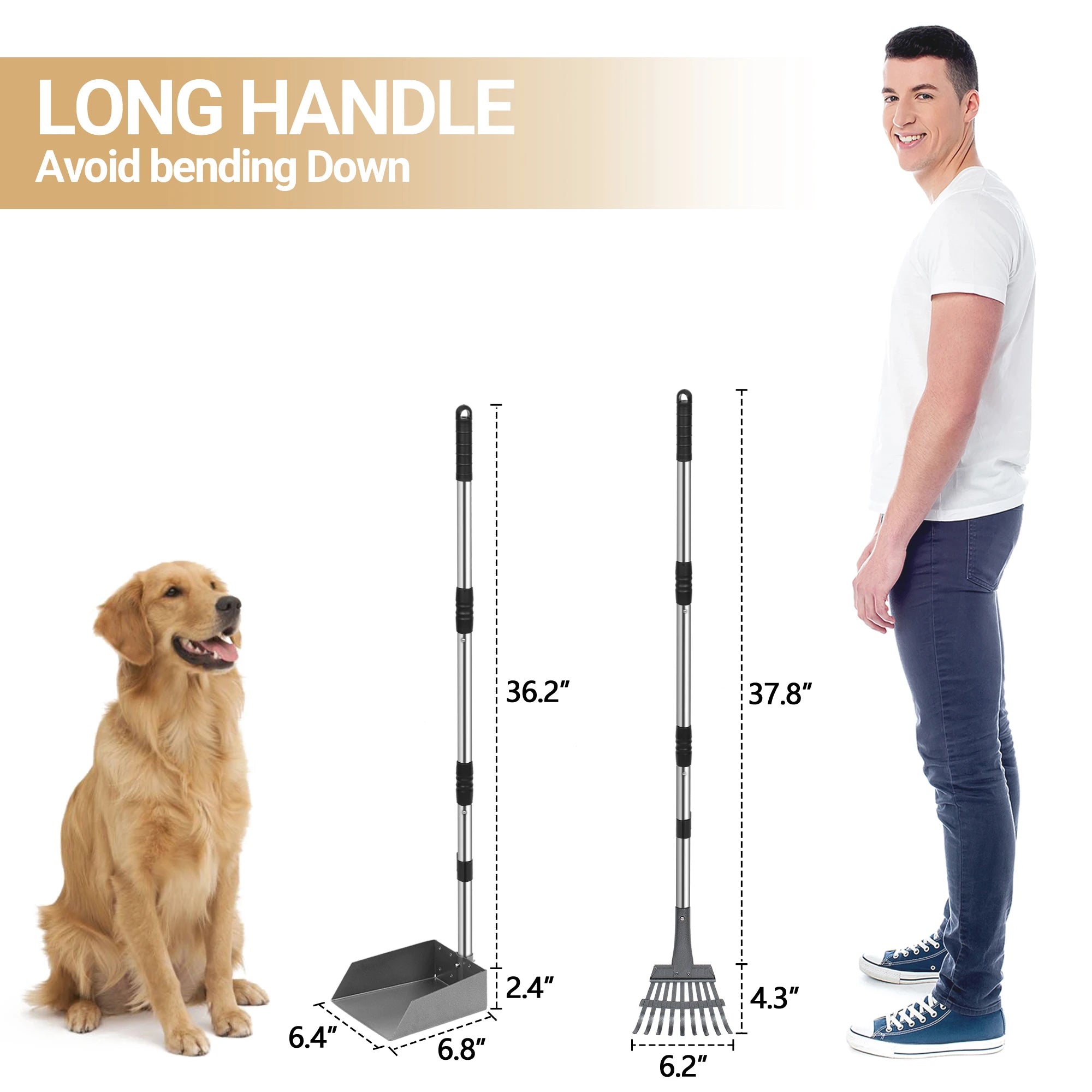 Dog Pooper Scooper Tray & Rake Set with Long Adjustable Handle