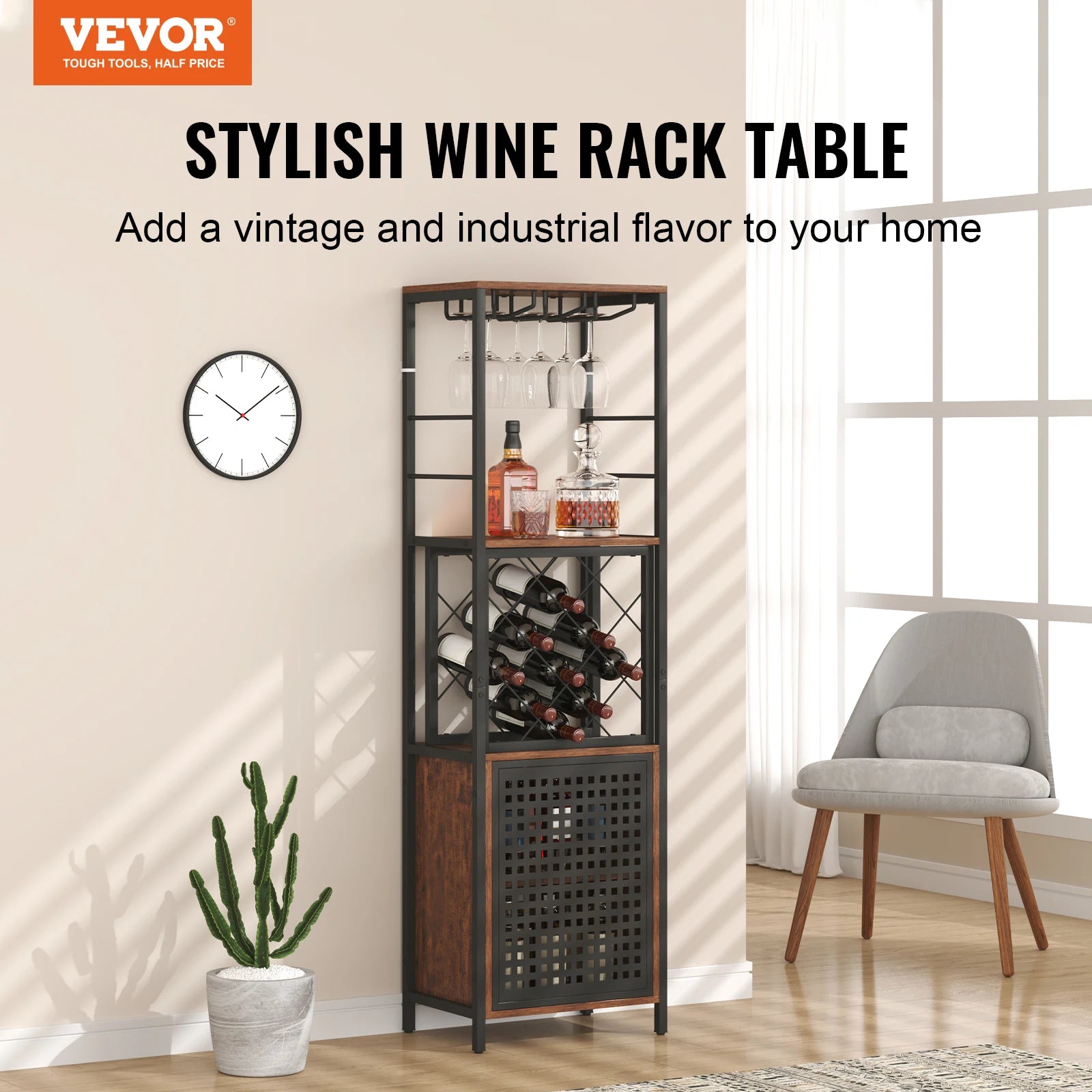 Aparador de vino estilo rústico con soporte para copas, capacidad para 13 botellas