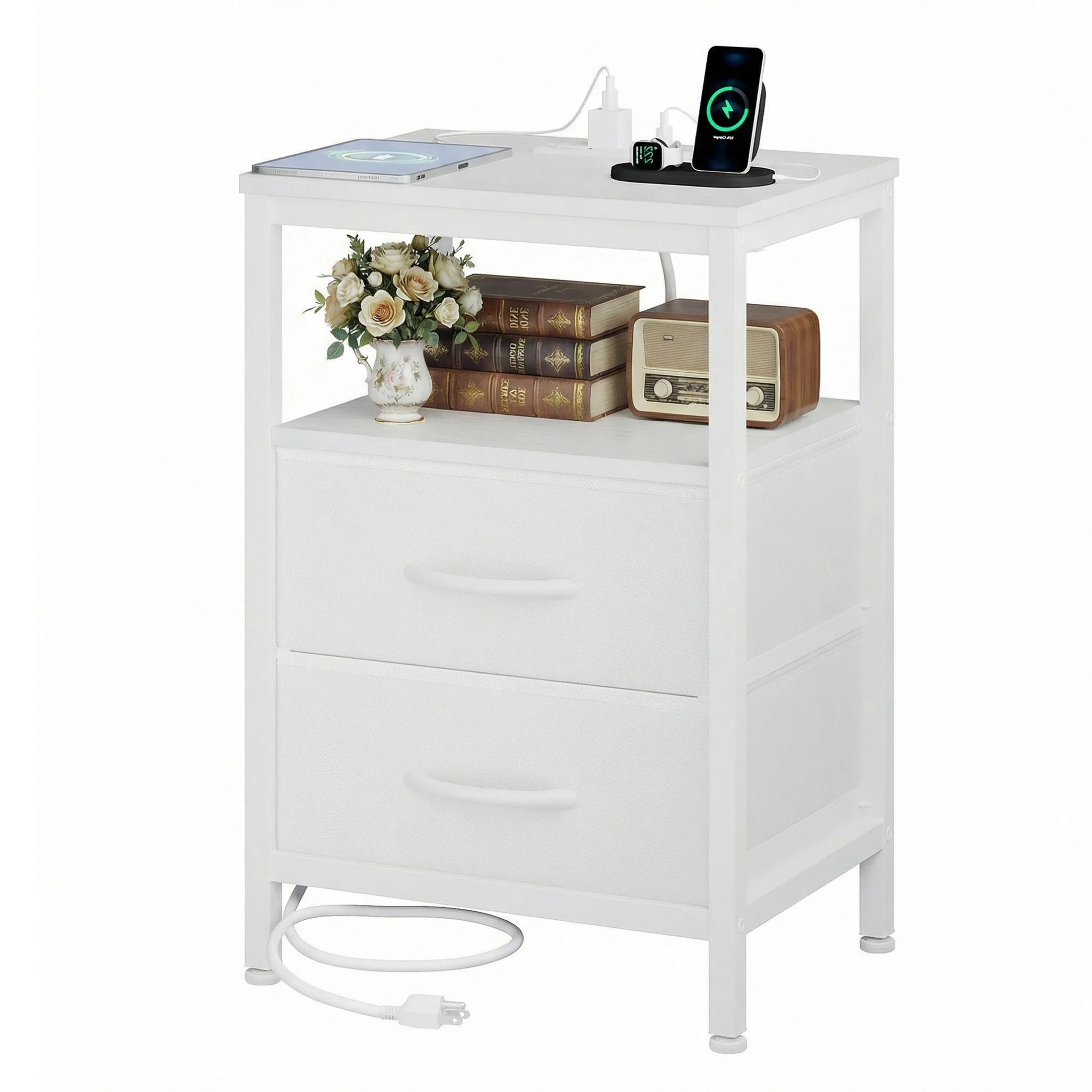 Nightstand with Charging Station, 2 Fabric Drawers & Shelf