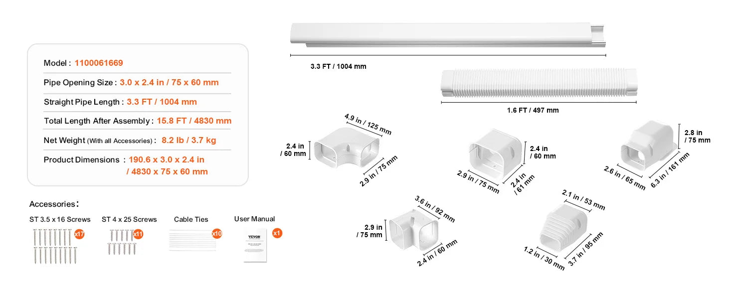 SucceBuy Mini Split Line Set Cover PVC Decorative Pipe Line Cover For Air Conditioner Easy to Install Paintable for Heat Pump