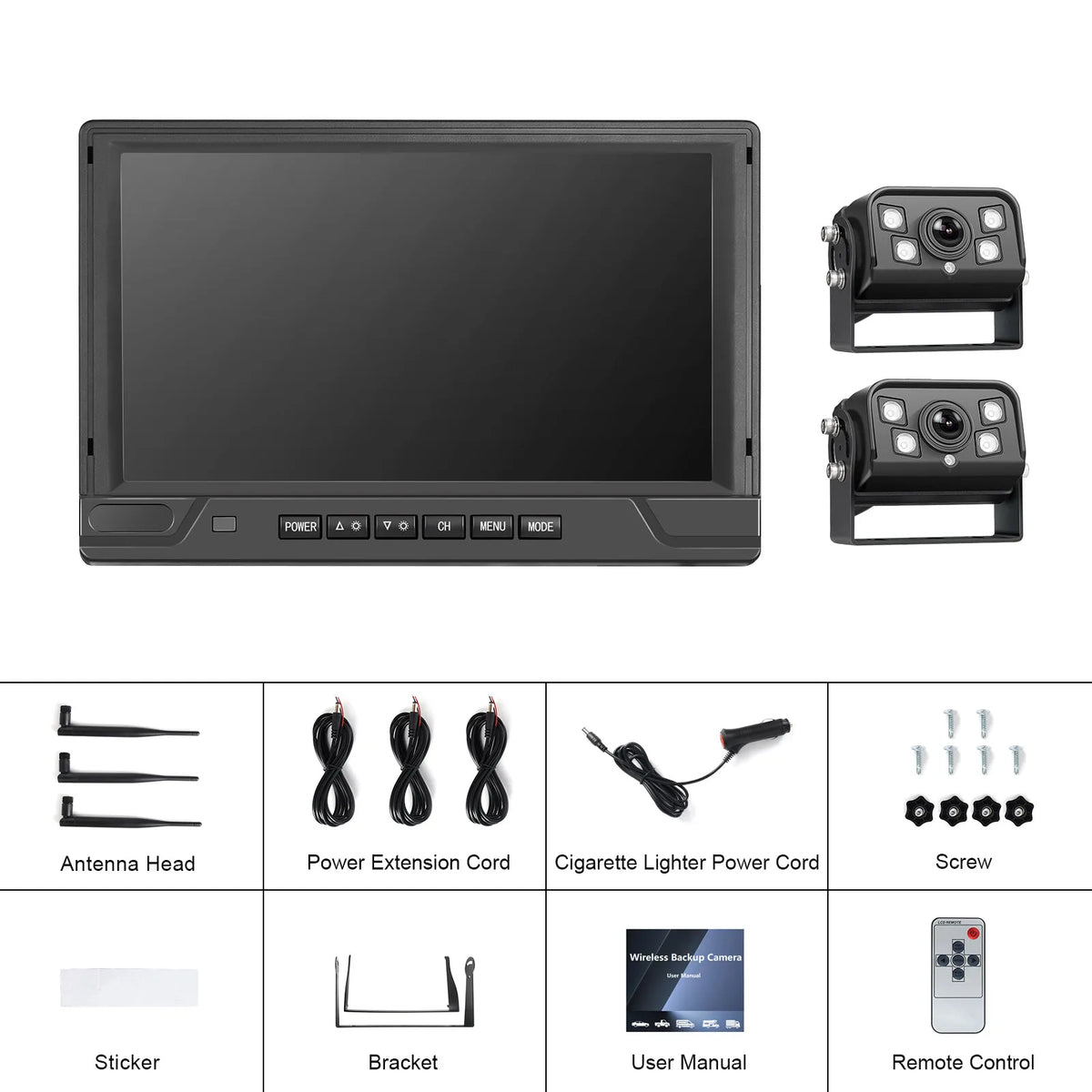 Podofo moniteur automobile IPS 9 pouces avec 2 caméras de recul sans fil IP68 étanche vision nocturne infrarouge caméra de recul pour camping-car