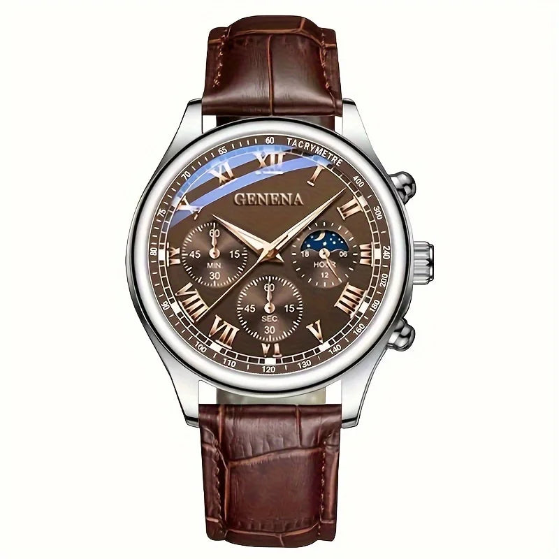 GENEVA High Quality Men's Luxury Belt Fashion Quartz Watch Men Round Business Student Sport Waterproof Glow Clock 