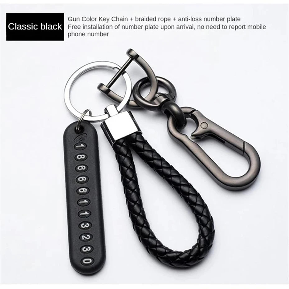 SEAMETAL Luxury Car Key Ring with Phone Number Plate Anti Lost Key Chain Alloy Hook Buckle Universal Keychain with Braided Rope