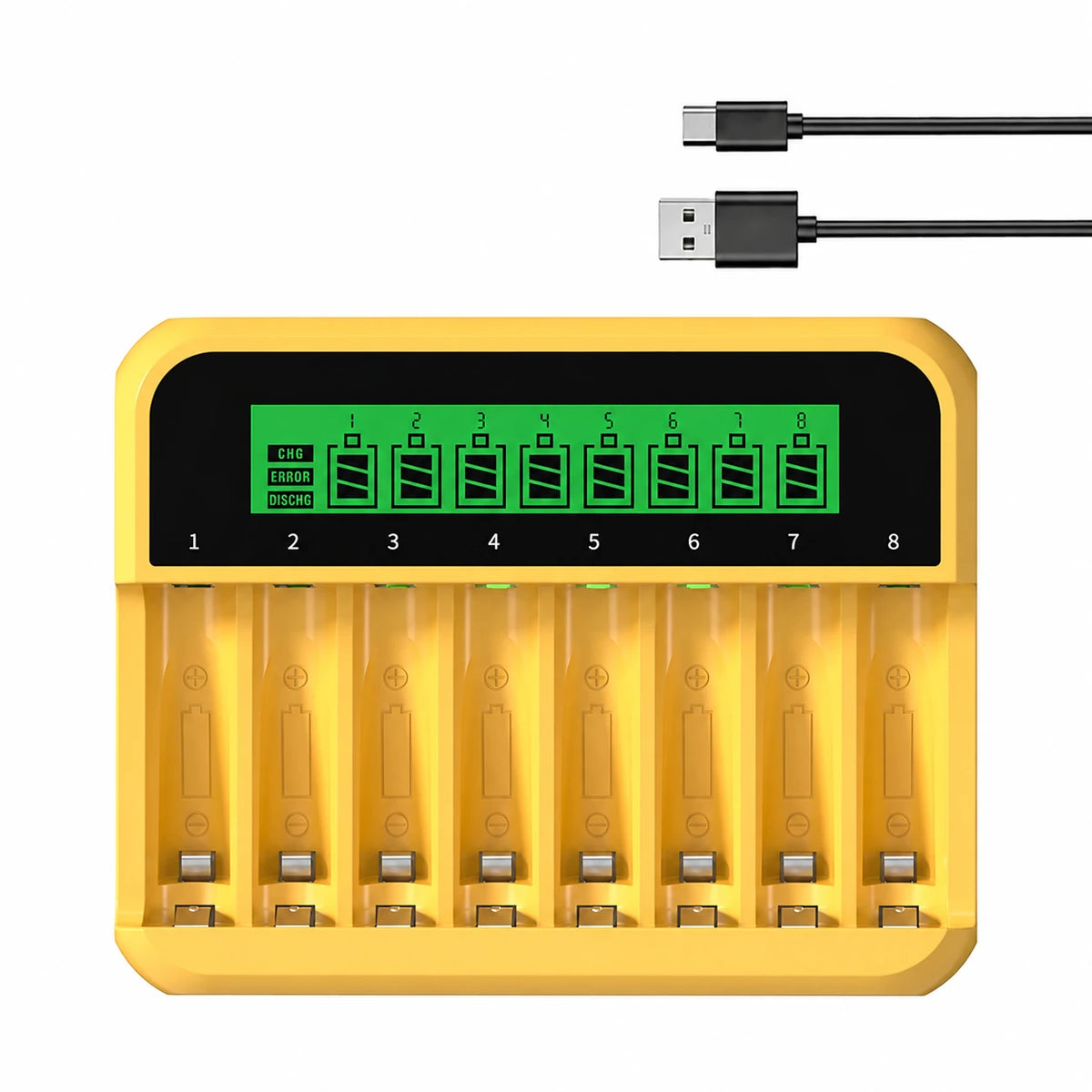 Eight-slot yellow battery charger with LCD and USB cable, batteries not included