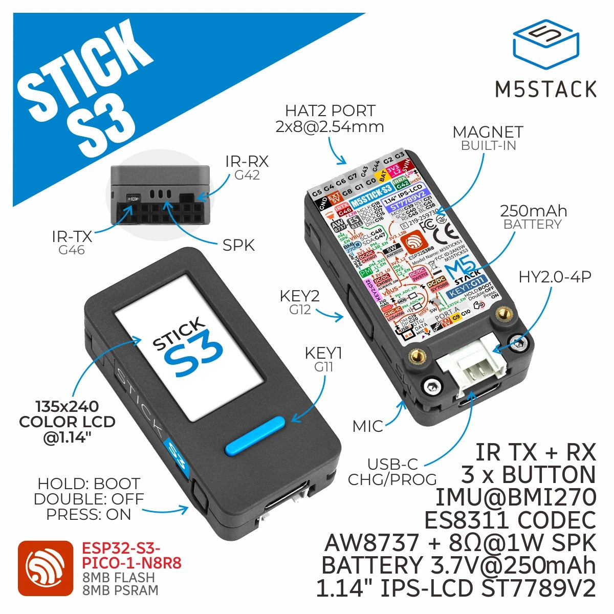 M5Stack Official M5StickS3 ESP32S3 Mini IoT-utvecklingskit