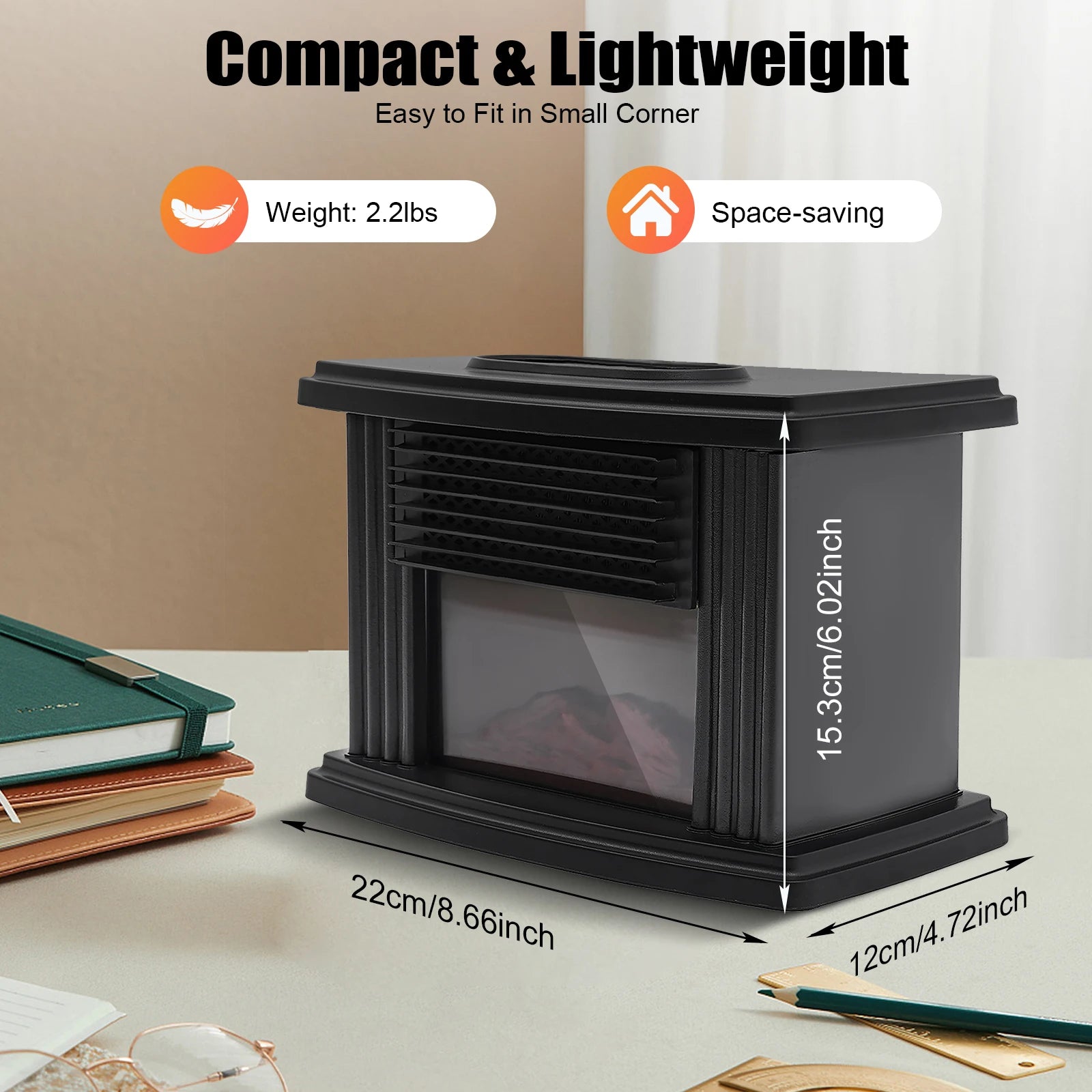 Portable Electric Fireplace Heater 1000W with 3 Speeds & Timer