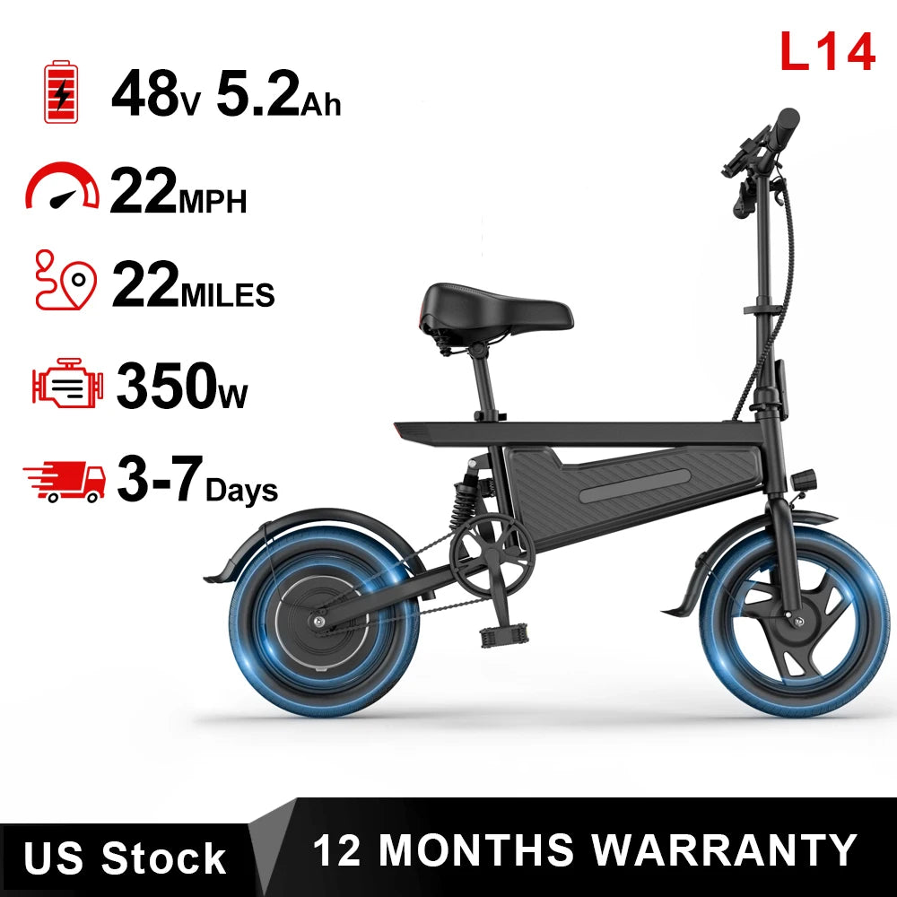 14" Foldable Electric Bike 350W Motor 48V Battery 22MPH Range