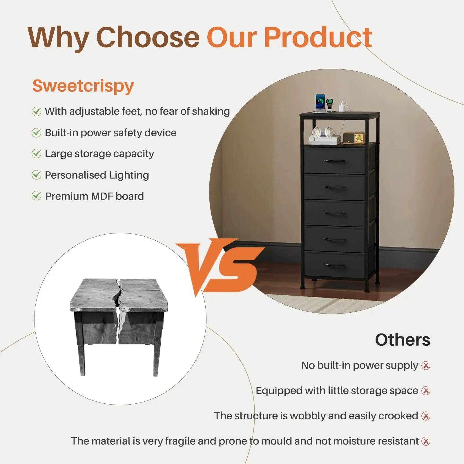 5-Drawer Nightstand with Charging Station, LED Lights & Storage