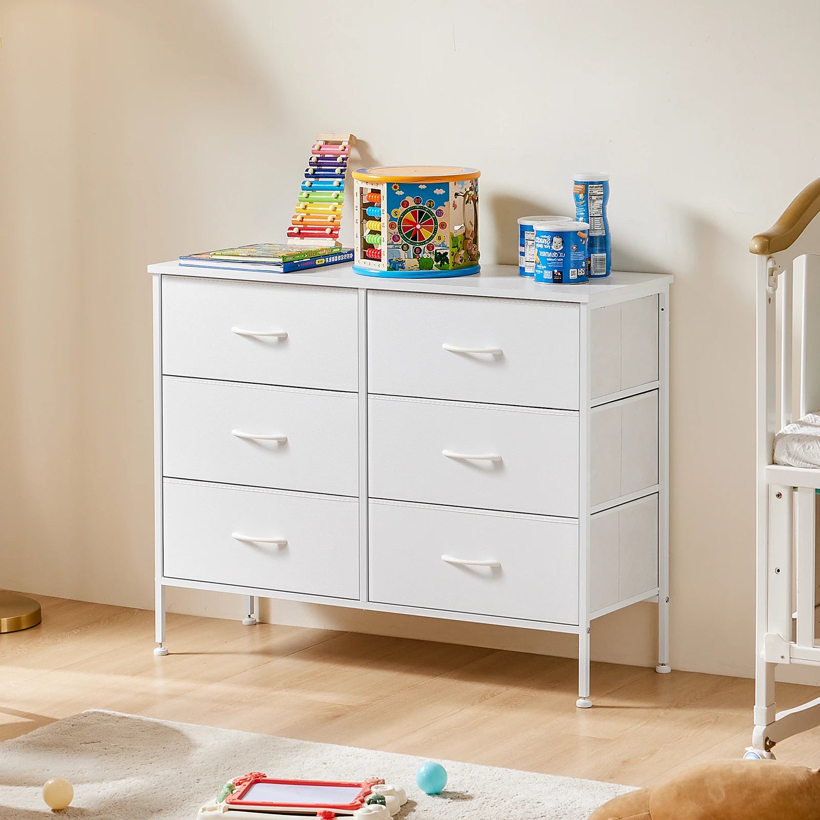 6 Drawer Fabric Nightstand with Metal Frame and Wooden Top