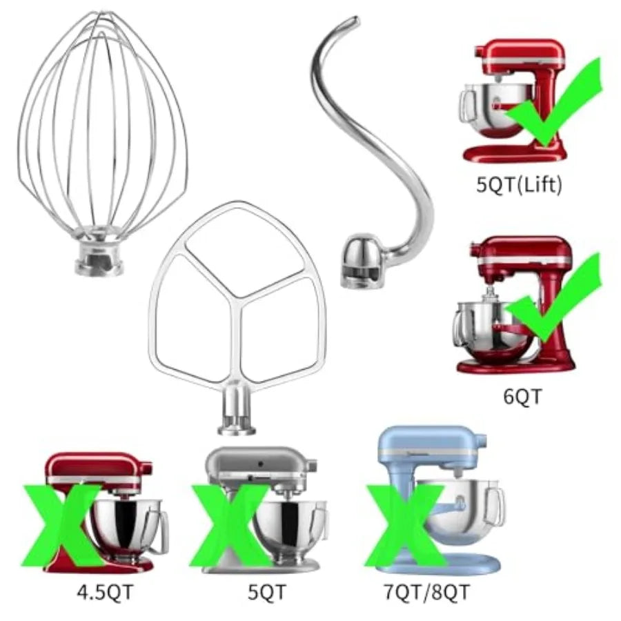 Stainless Steel 3-Piece Wire Whisk Kit for KitchenAid 5-6QT Mixers