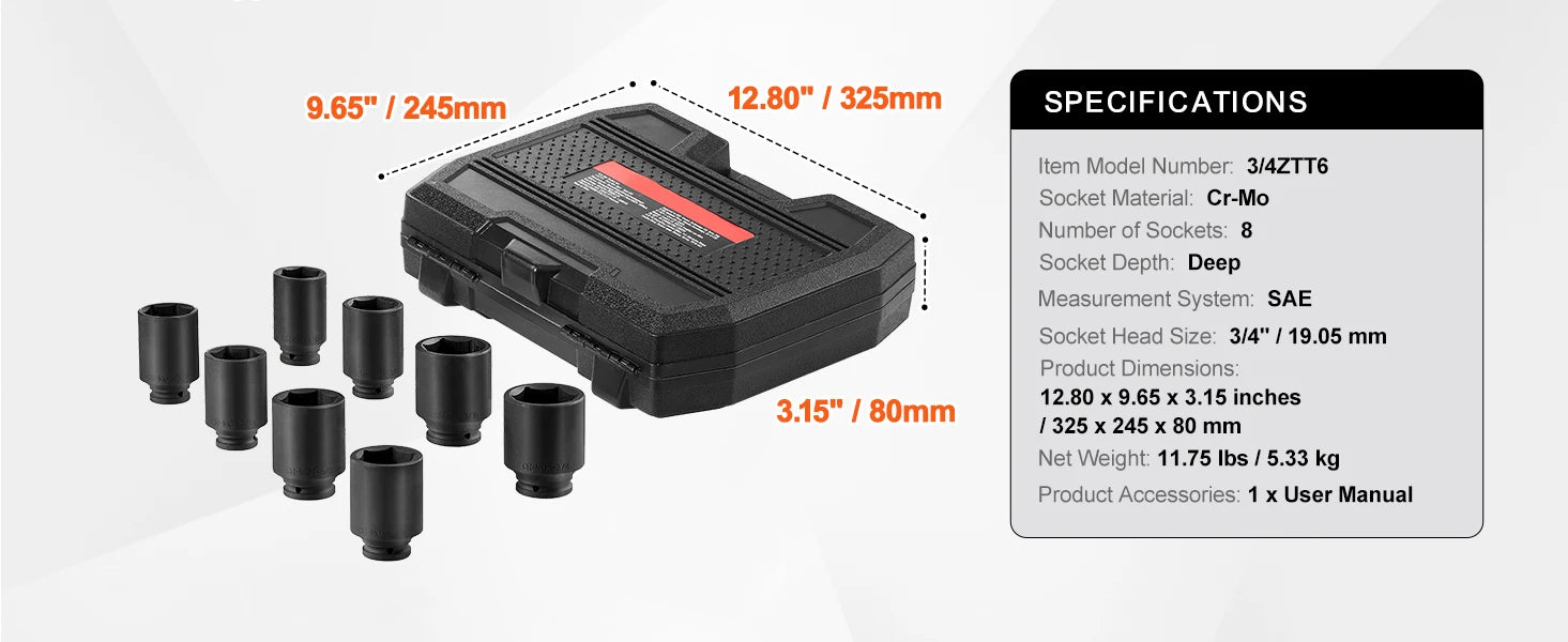 SucceBuy Axle Nut Impact Socket Set Drive Deep 6-Point 8-Piece SAE Spindle Nut Socket Set CR-MO Heat Treated Large Socket Set