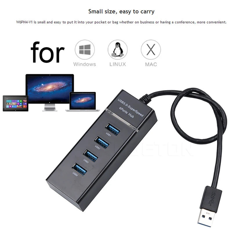 4-Port USB Hub, One USB 3.0 and Three USB 2.0 Ports
