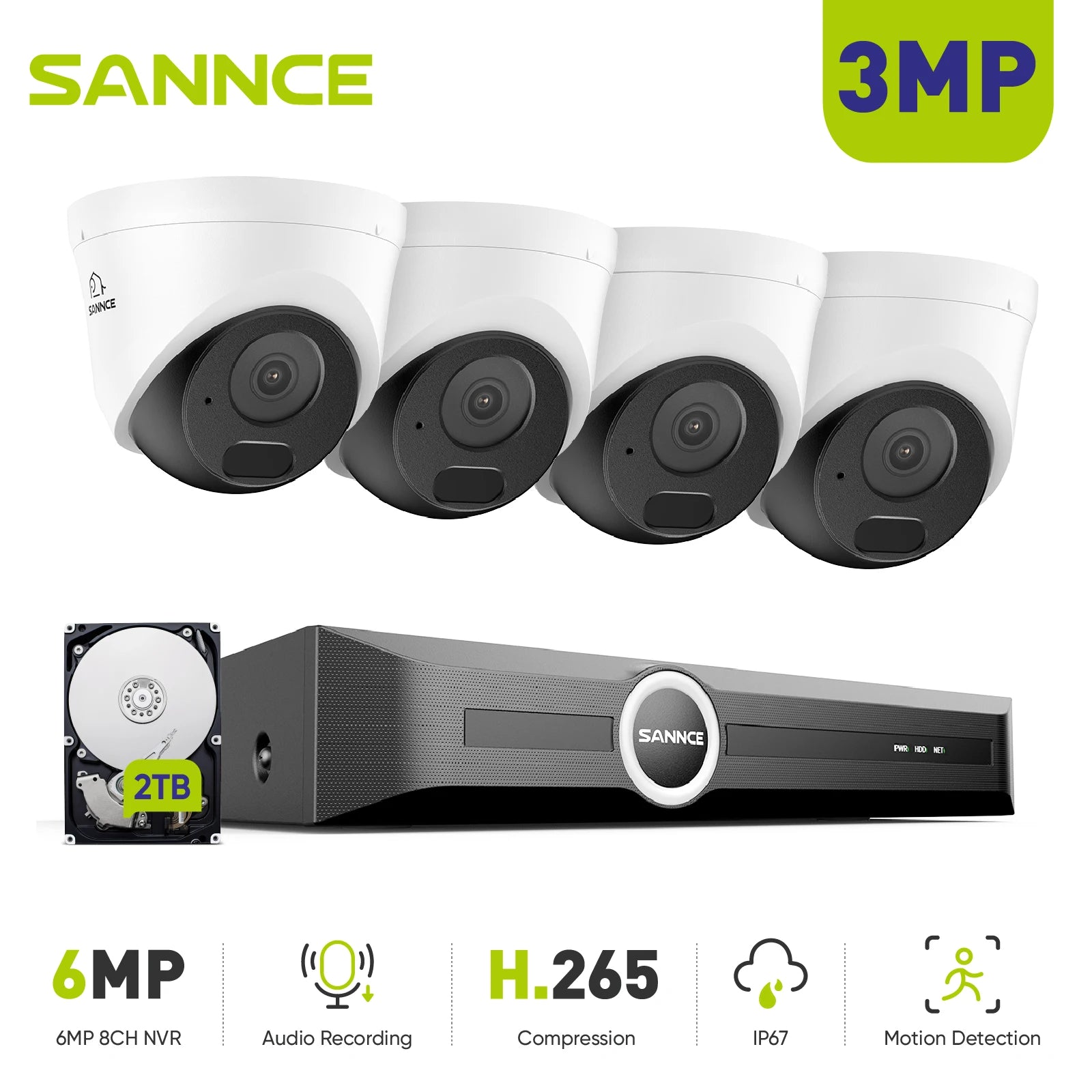 SANNCE 3MP PoE 8-Channel NVR CCTV Security Camera Kit