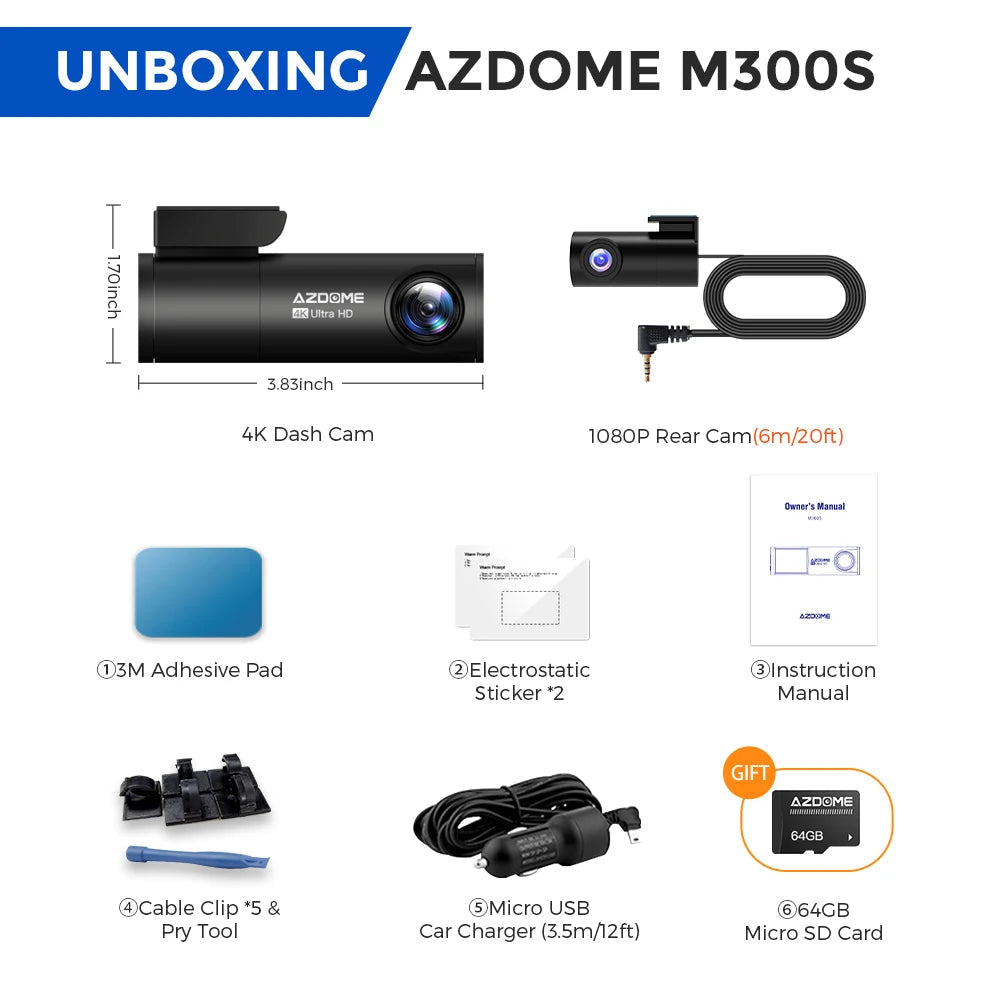 AZDOME Dash Cam M300S 4K+1080P Dual Dash Car Camera Built-in WiFi GPS ADAS Car DVR 24H Parking Mode Night Vision Black Box 