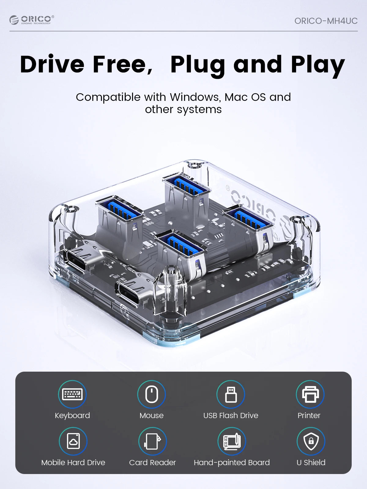 Transparent Four-Port USB Hub with Auxiliary Power Port