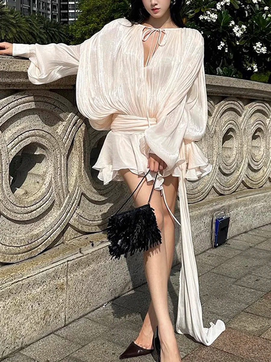 GALCAUR Solid Loose Splicd Lace Up Dresses For Women V Neck Long Sleeves Patchwork Ruffles Tunic Dreses Female Fashio New 