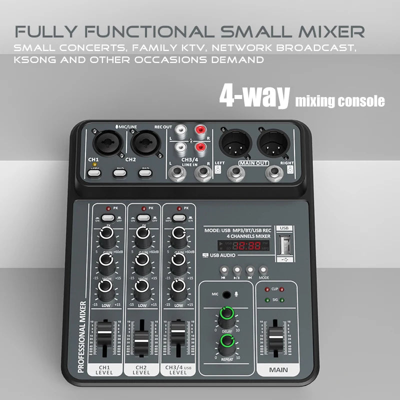 4 Channel Audio Mixer 48V Phantom Power USB Studio Sound Mixers Bluetooth DJ Console Mixing for Karaok 