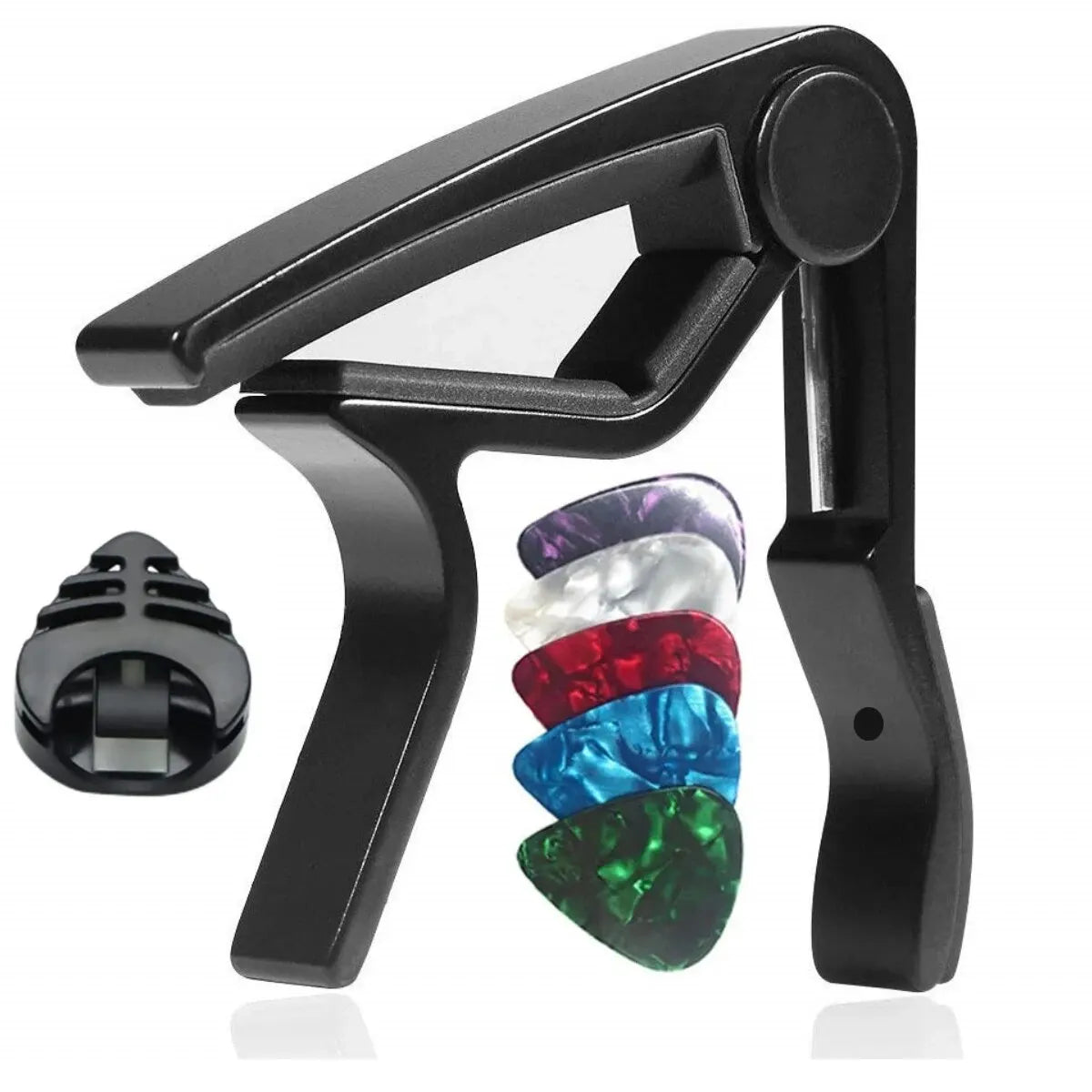 Set di capotasto per chitarra con cinque plettri e supporto