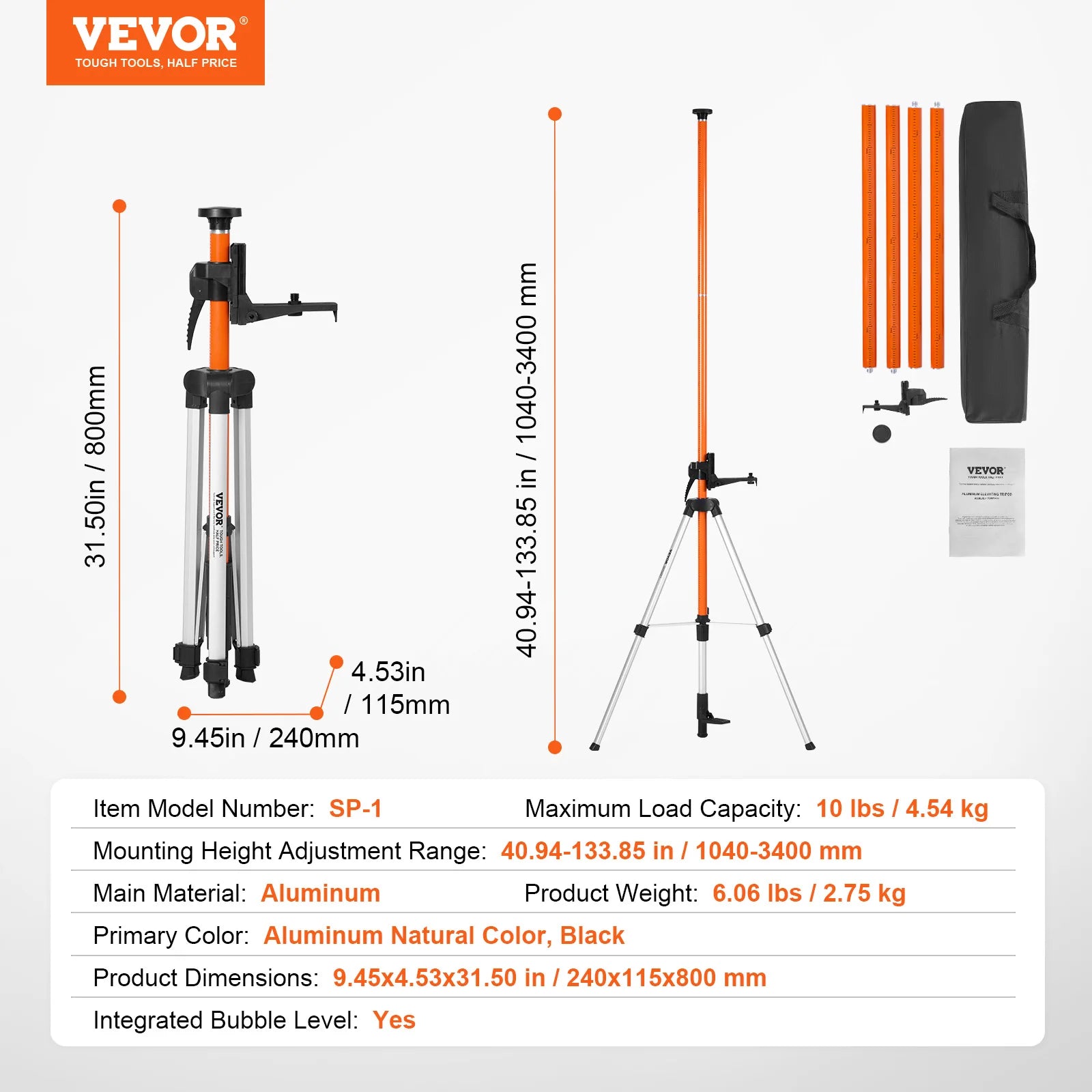 Adjustable Laser Level Tripod 40–133 Inch with Dual Thread Mount