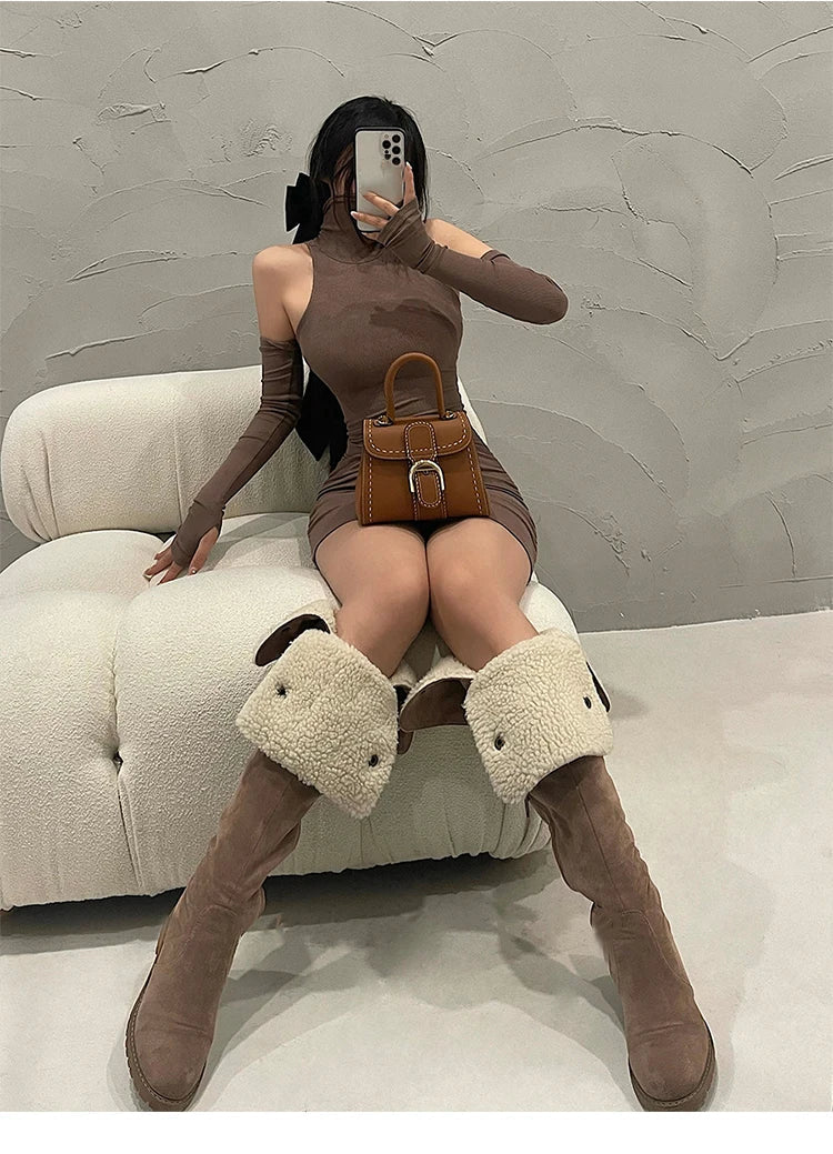 Summer Sexy High Neck Tight Dress Oversleeve Pleated Bottom Wrapped Hip Dress Women Bodycon 