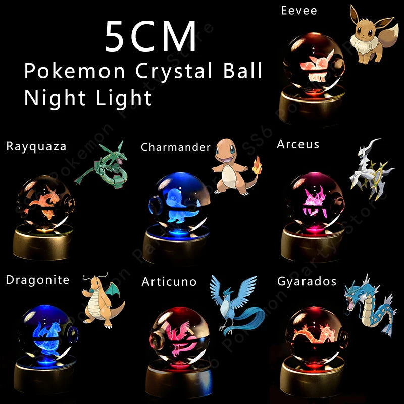 Pokemon Crystal Ball 3D Pikachu Gengar Mewtwo Night Light Lamp Pokeball 3D Glass Pokemon Crystal Ball Statue Kids Birthday Gift 