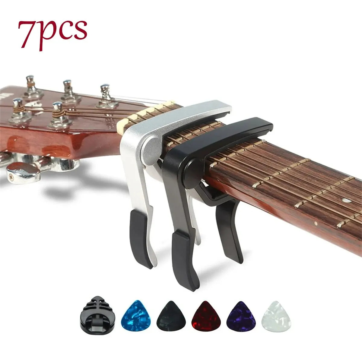Set di capotasto per chitarra con cinque plettri e supporto
