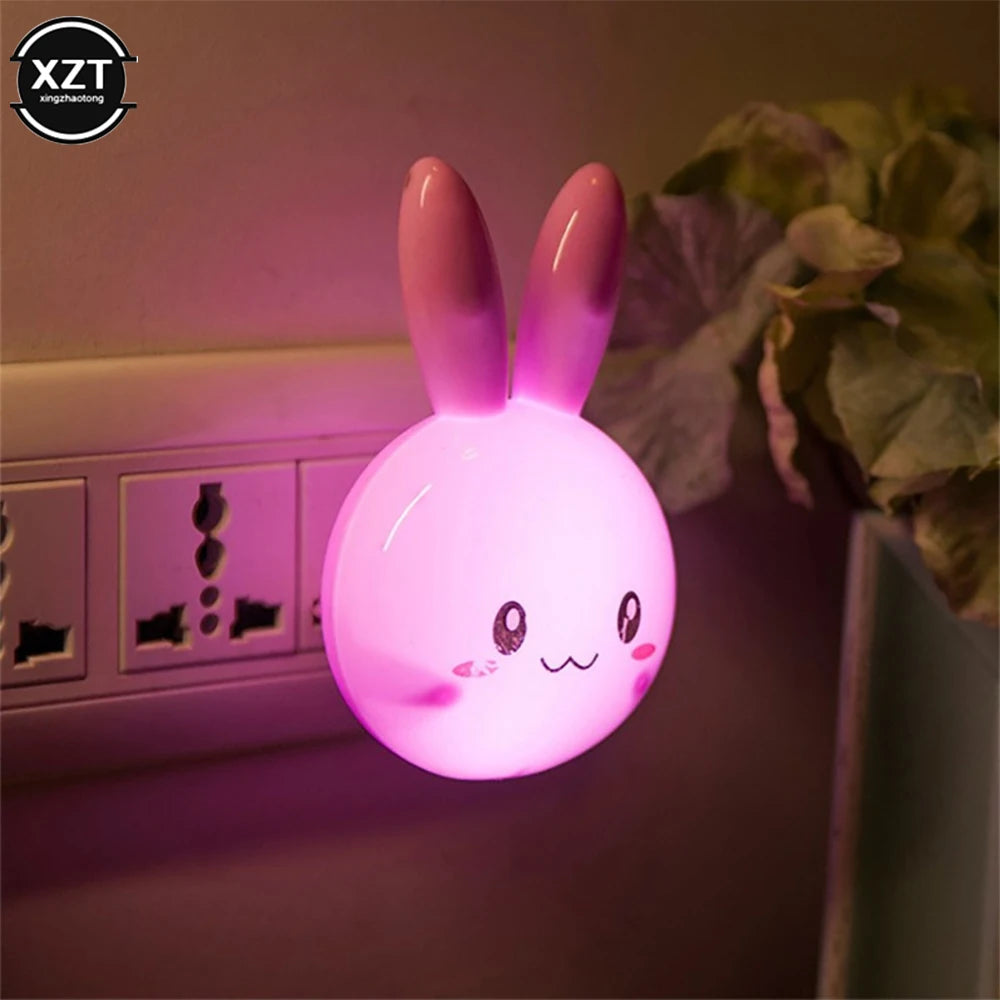 Lâmpada nocturna de coelho animado com 3 cores LED, liga/desliga, tomada AC 220V EUA, luminária de cabeceira para crianças, presente