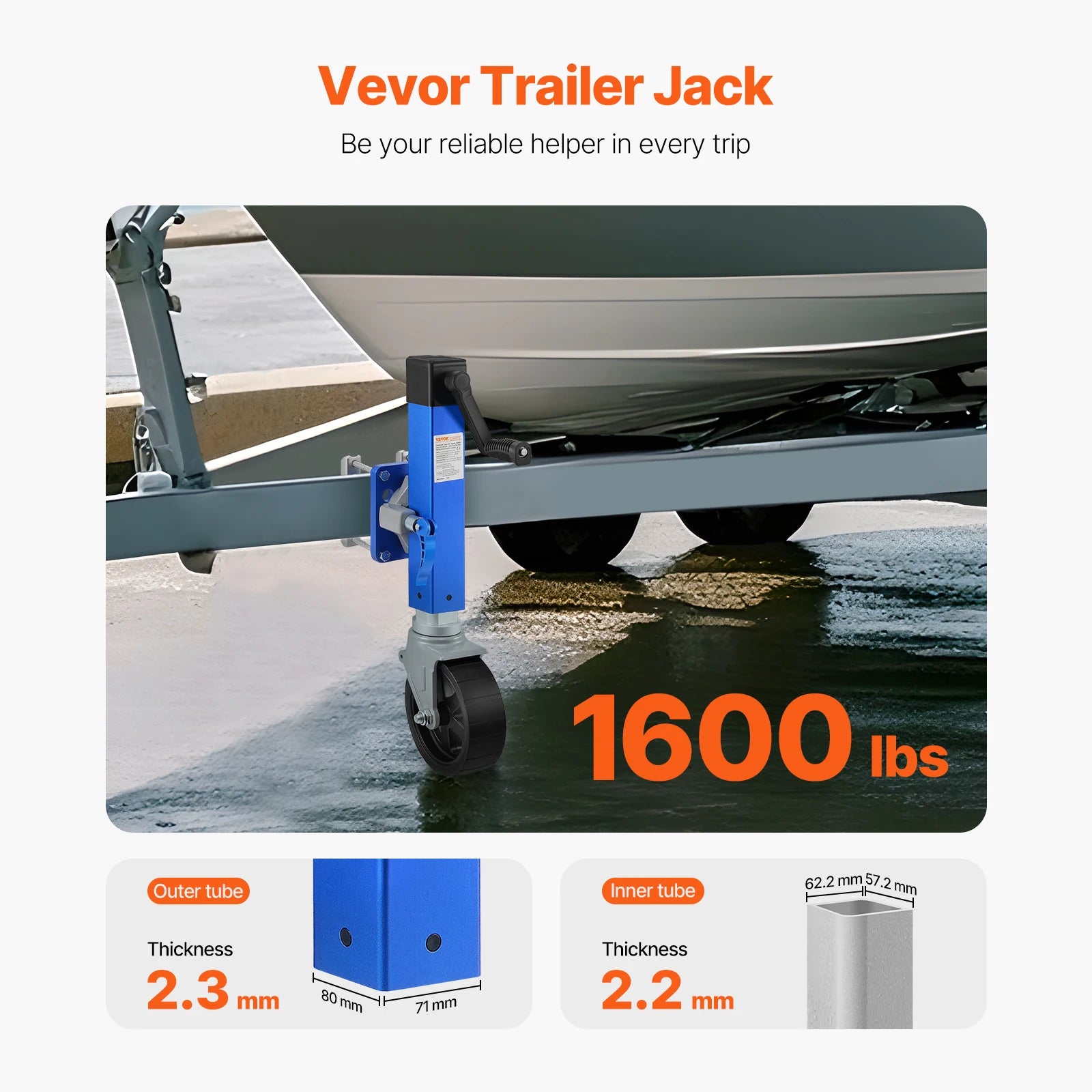 1600 lb Sidewind Trailer Jack with Wheel – Bolt-On, Adjustable Height