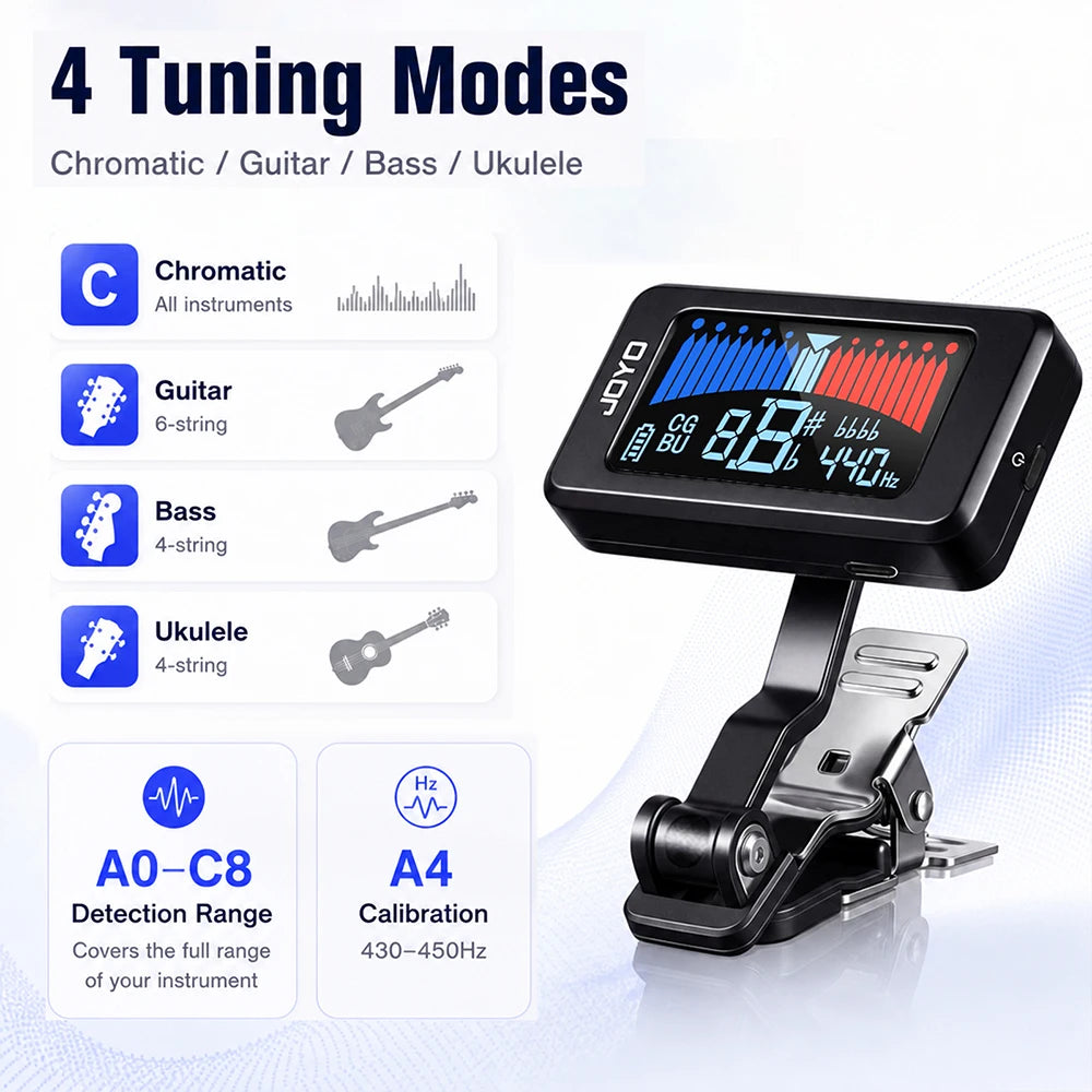 JT-480 Rechargeable Clip-On Tuner for Guitar, Bass and Ukulele