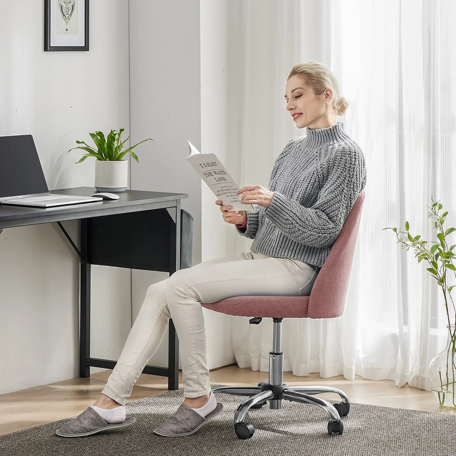 Armless Adjustable Swivel Desk Chair with Wheels and Back Support