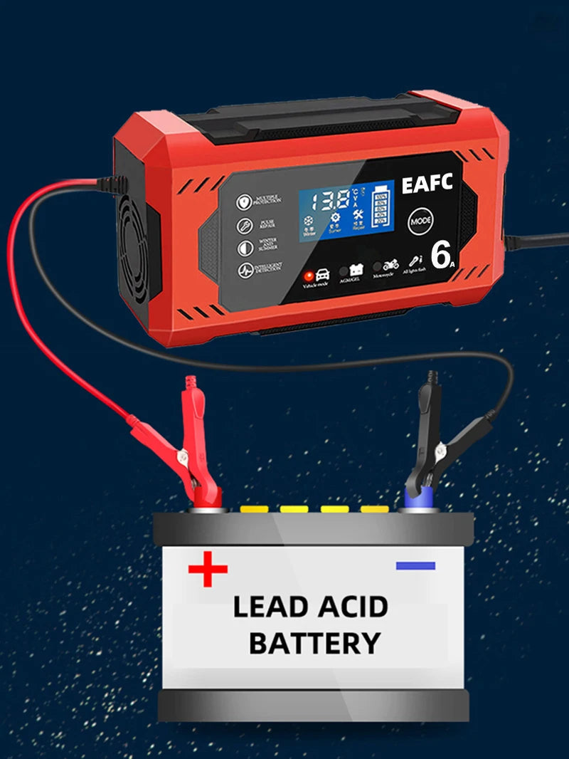 Car Battery Charger 12V 6A Intelligent Fast Charging Pulse Repair Type Full Auto-Stop Dual-Mode Lead Acid for Motorcycle Truck 