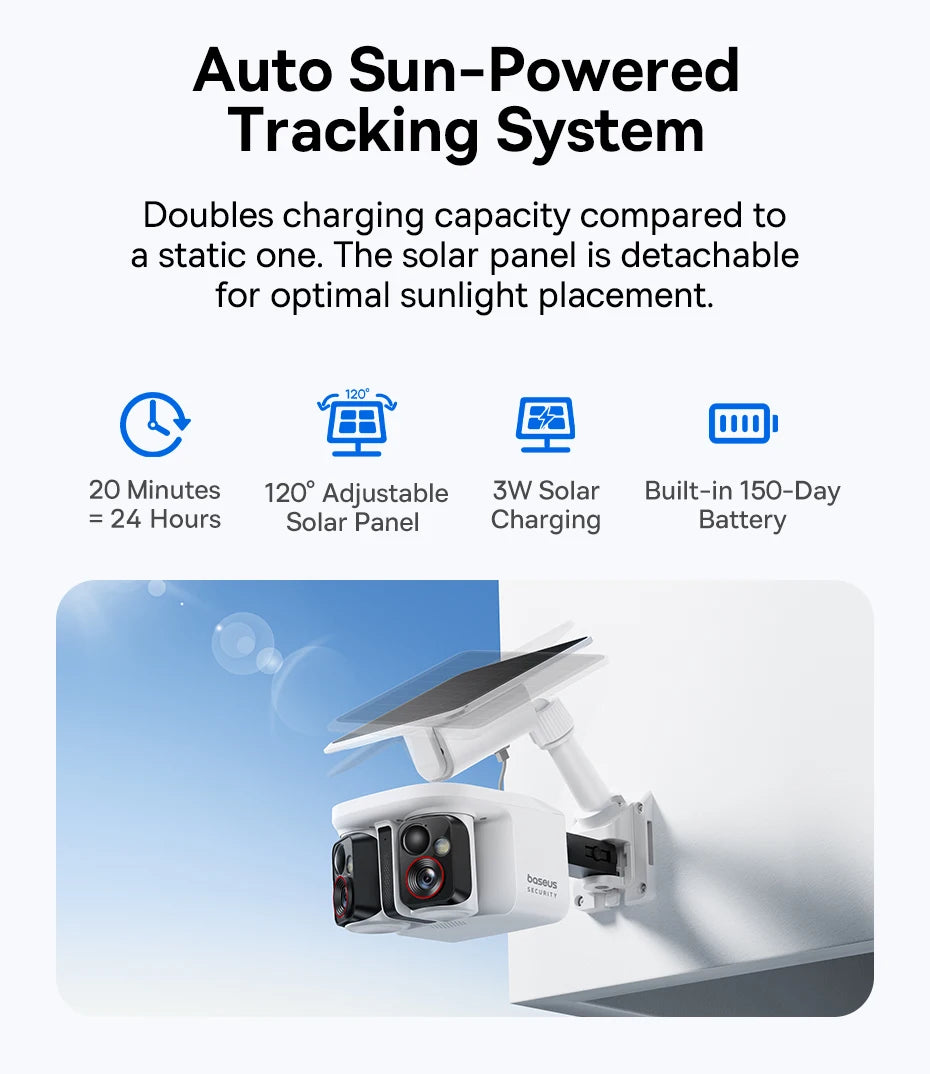 Cameră de securitate exterioară Dual Lens 3K cu alimentare solară și urmărire AI