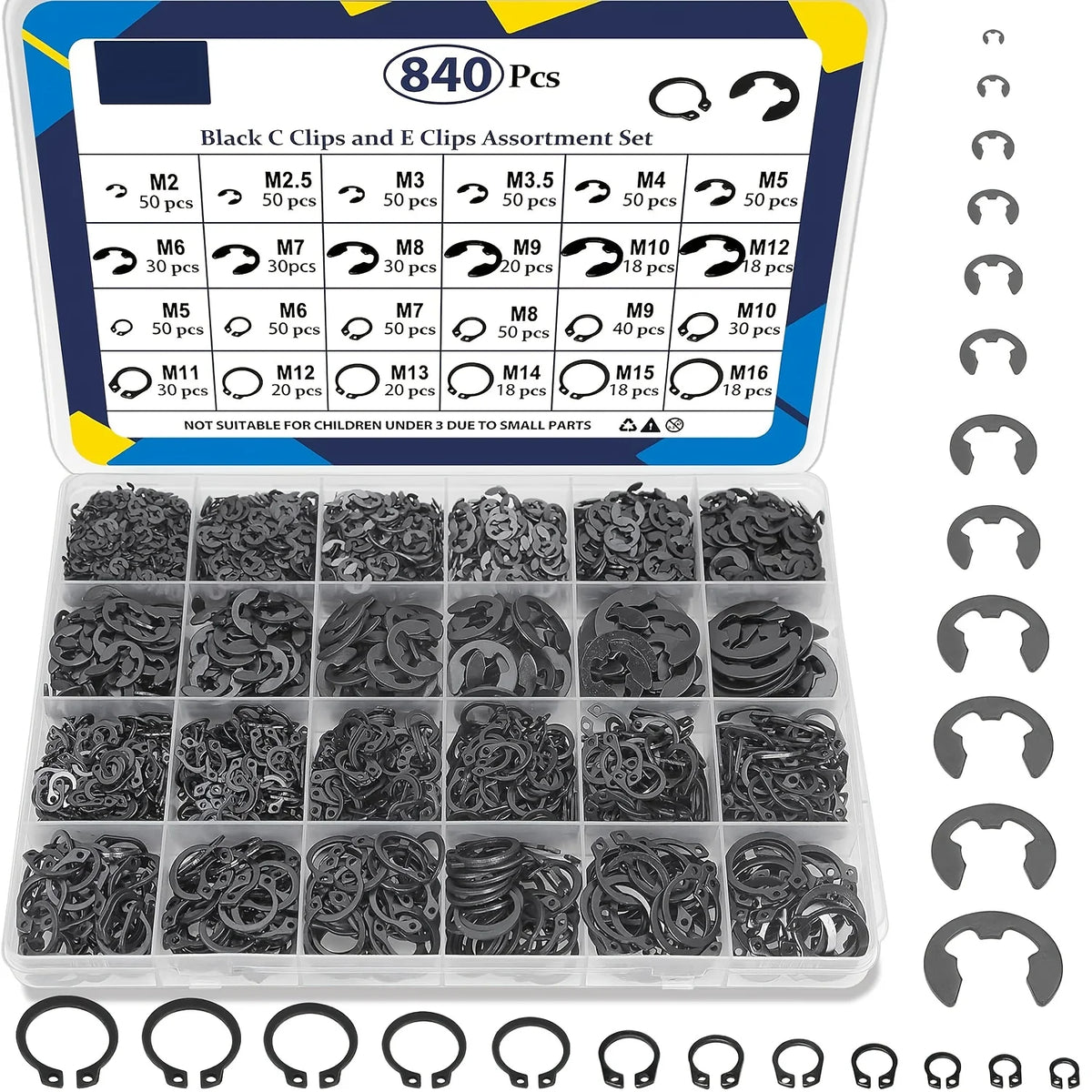 Assortiment borgringen met C- en E-clips, 840 stuks
