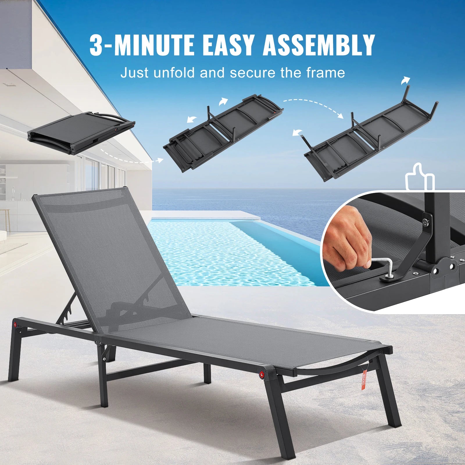 SucceBuy Chaise Lounge Chair Outdoor Aluminum Patio LoungeFolding Pool Lounge Recliner Full Flat for Patio Beach Pool Dark Grey
