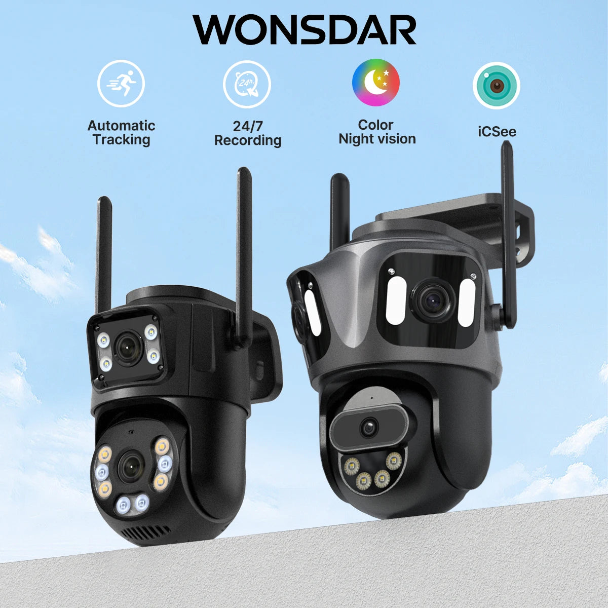 3-Lens 3-Screen WiFi IP Camera with Human Detection, PTZ, IP66 Waterproof