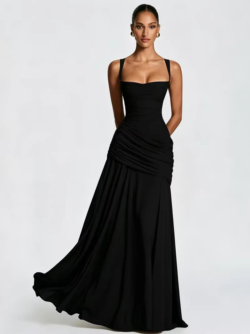 Women’s Elegant Ruched Backless Maxi Dress with Square Neck