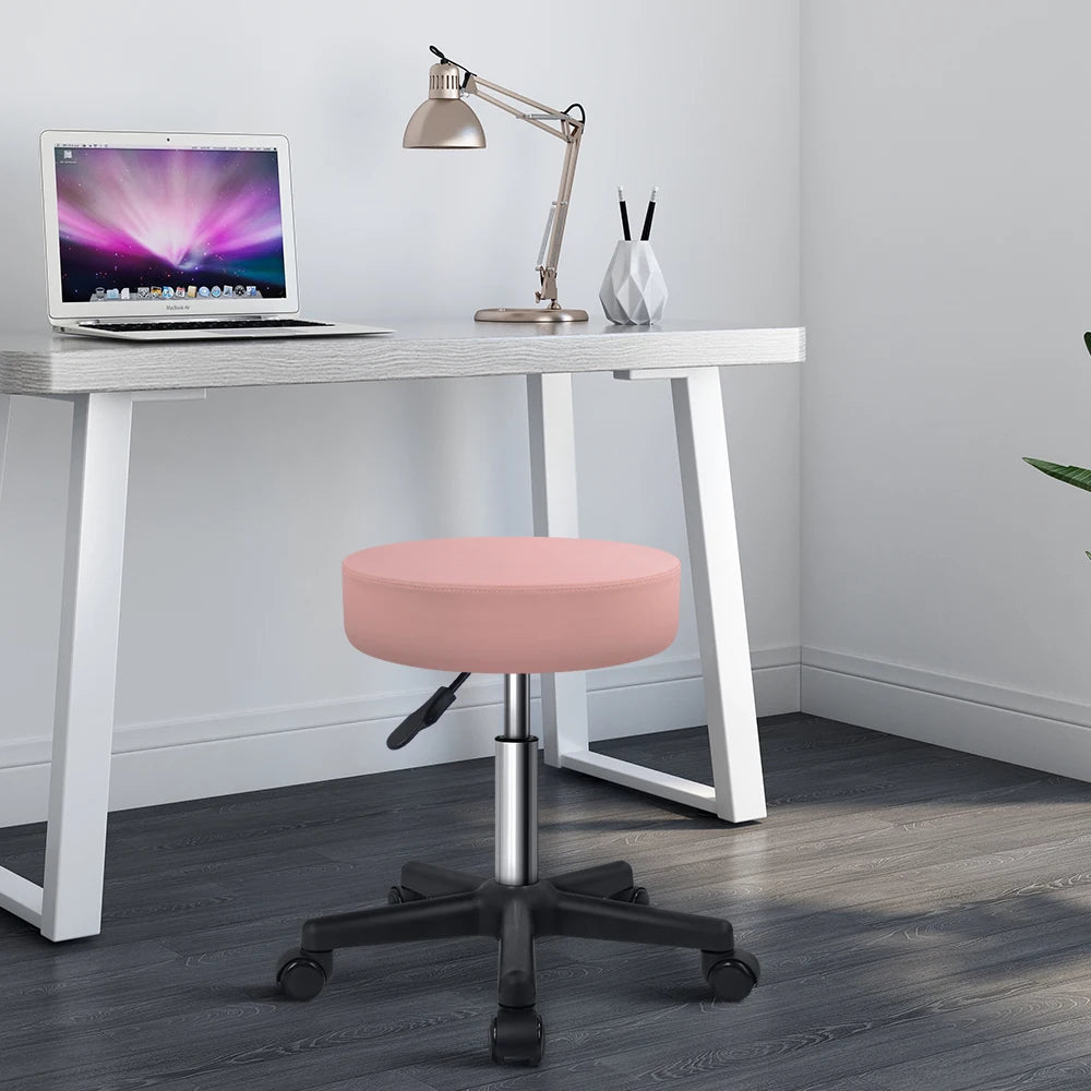 Adjustable Swivel Stool with Wheels Cushioned PU Seat Pink