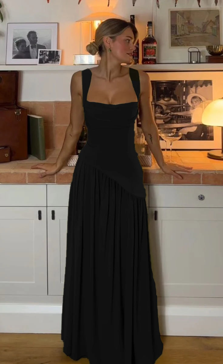 Women's Ruched Maxi Dress with Scarf, Spaghetti Strap Slit
