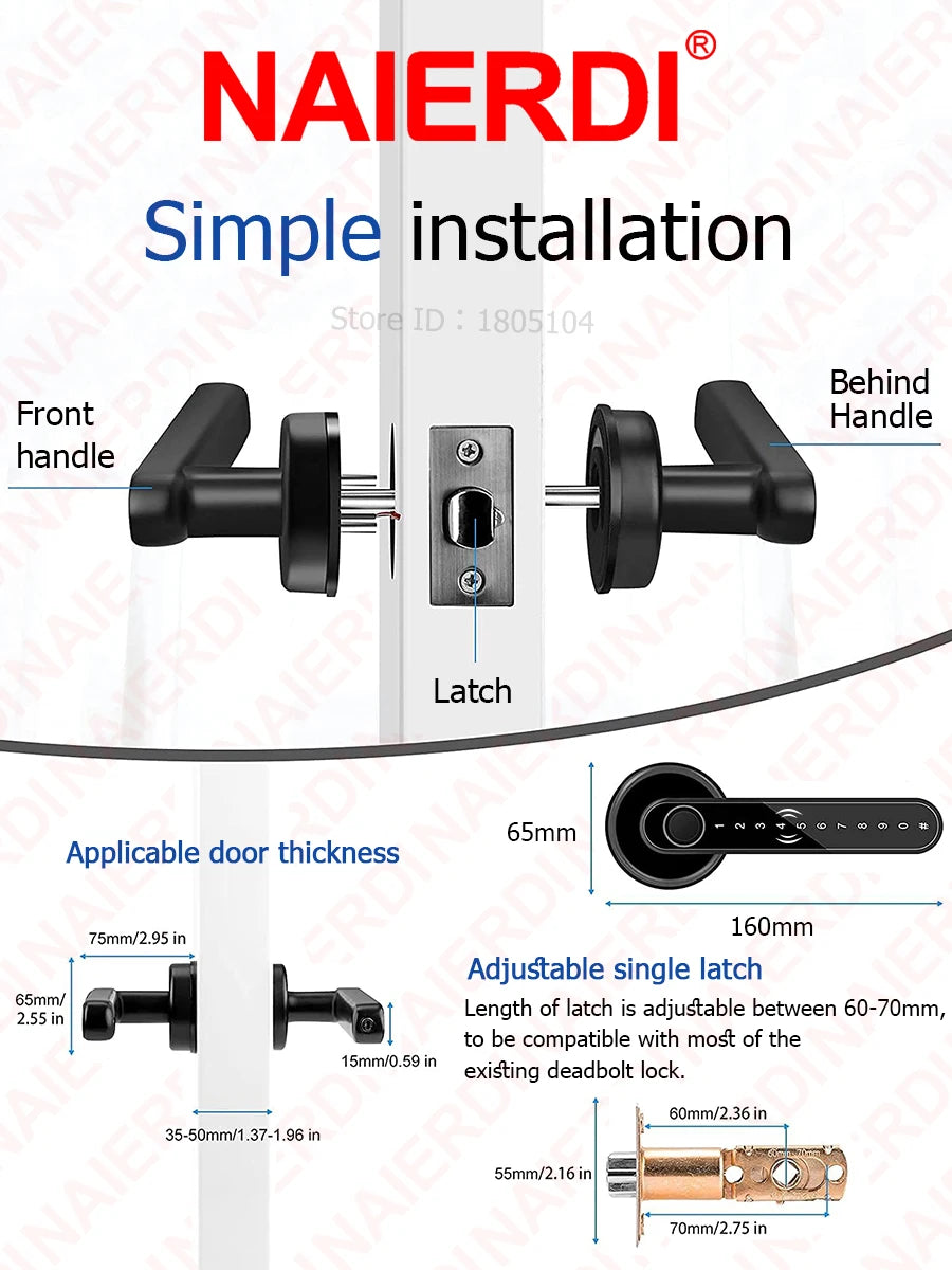 NAIERDI Fingerprint Door Lock with Card 5-1 Keyless Bluetooth Smart Door Lock Tuya APP Security Digital Door Lock with Handle