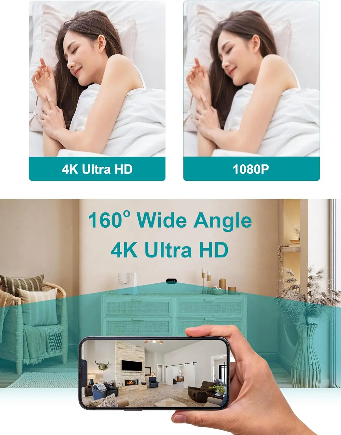 160° Wide Angle 4K HD Charger Camera with Motion Detection, App Remote Control and 24/7 continuou.
