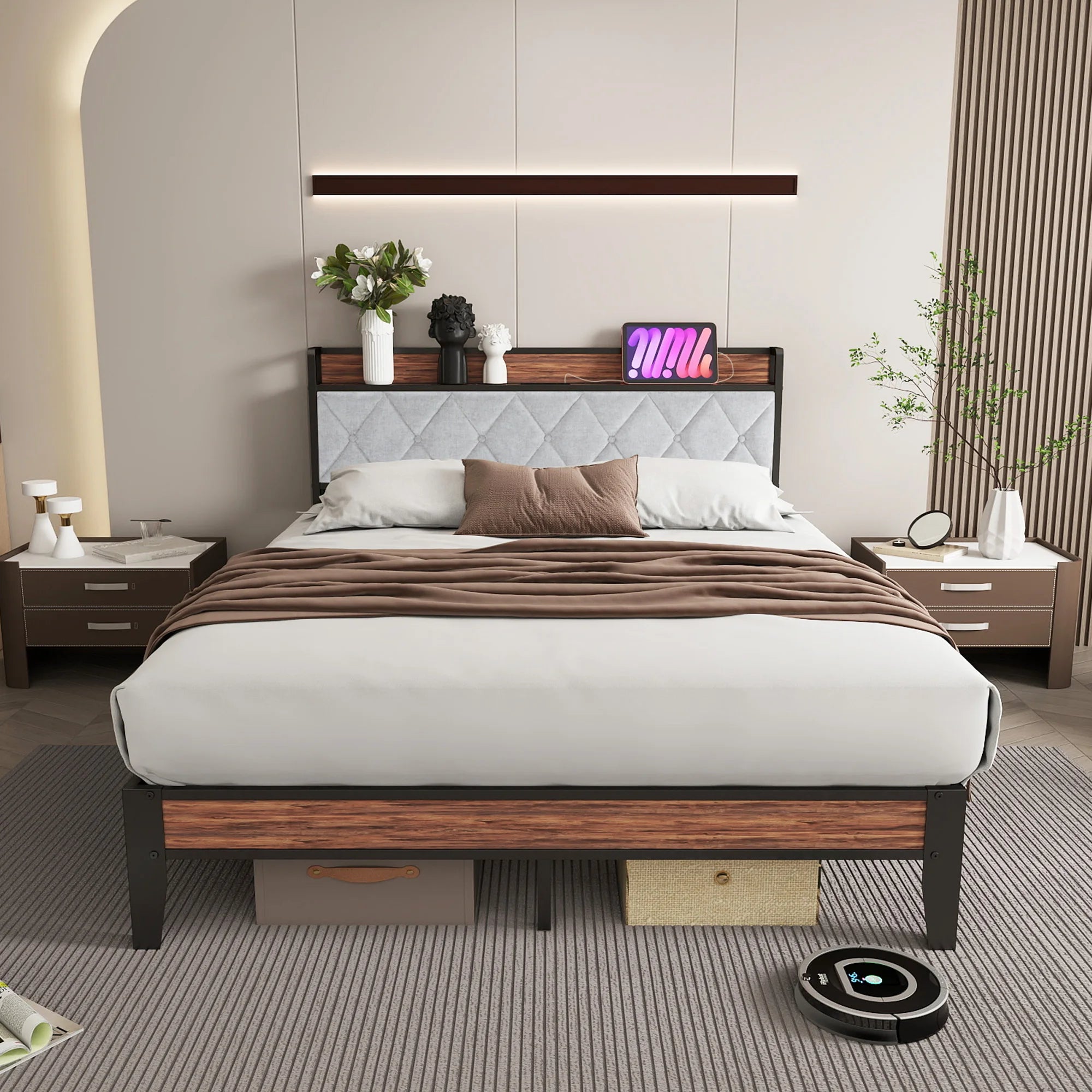 King Size Metal Bed Frame with Storage & Charging Headboard