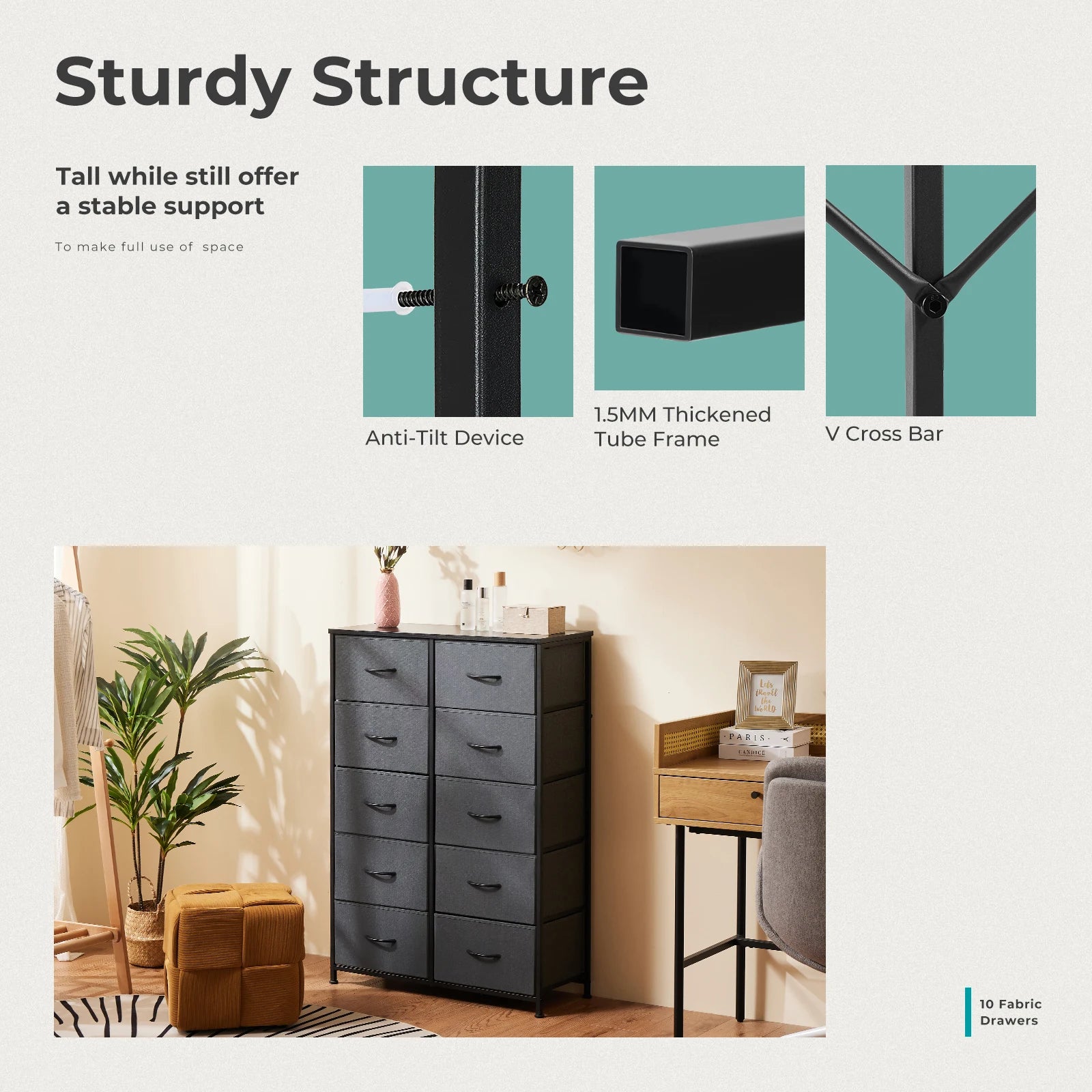 10 Drawer Fabric Dresser Nightstand with Steel Frame Storage