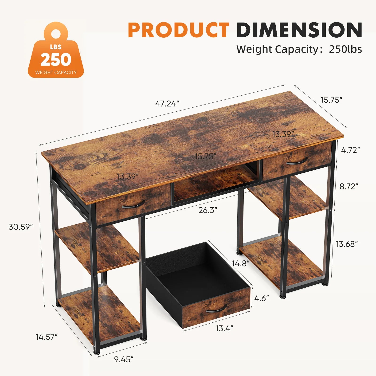 48 Inch Computer Desk with Drawers, Shelves & Keyboard Tray