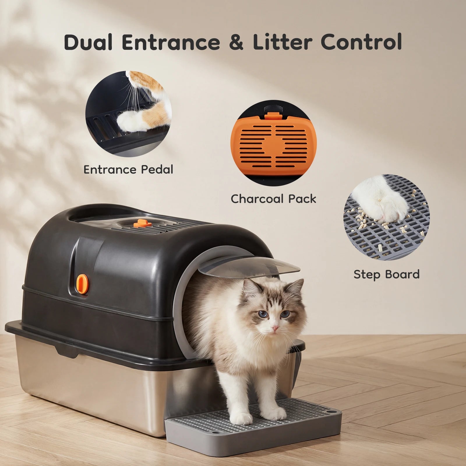 24" Stainless Steel Enclosed Cat Litter Box XL 30L with Scoop