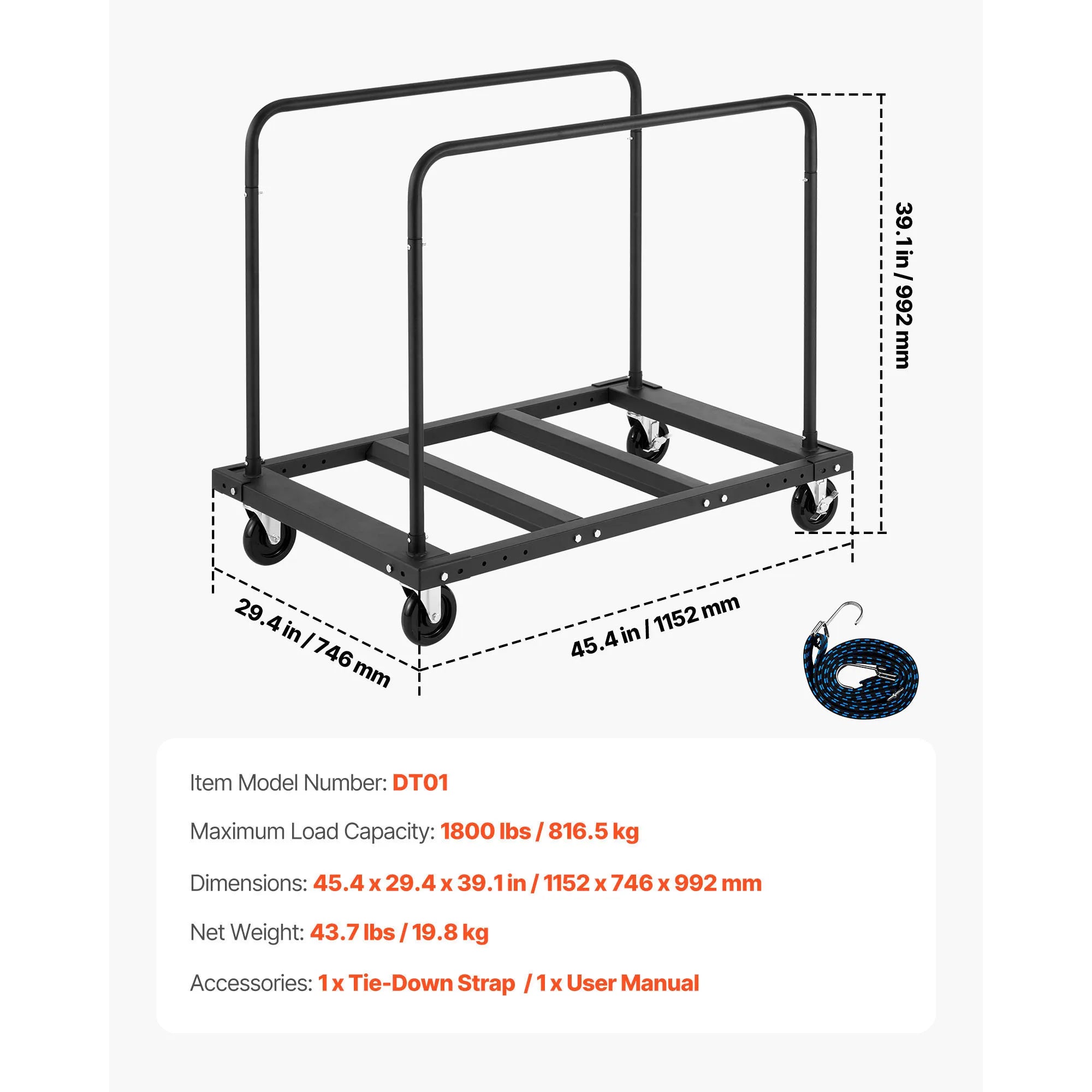 1800 lb Drywall Panel Dolly Cart with Swivel Casters & Strap
